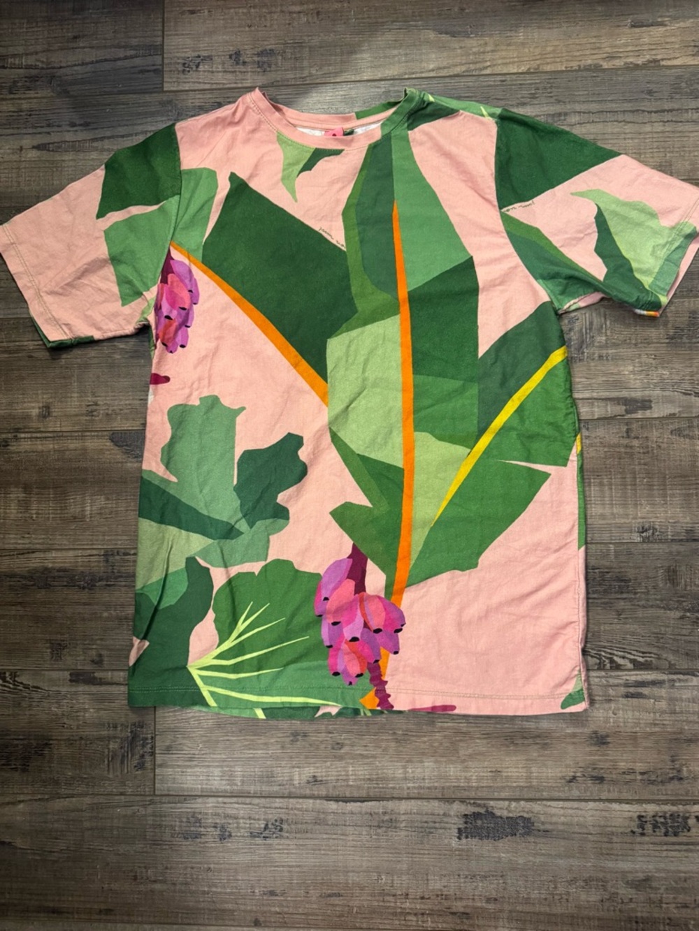 FARM Rio Pink Tropical Leaf Print Short Sleeve Tee